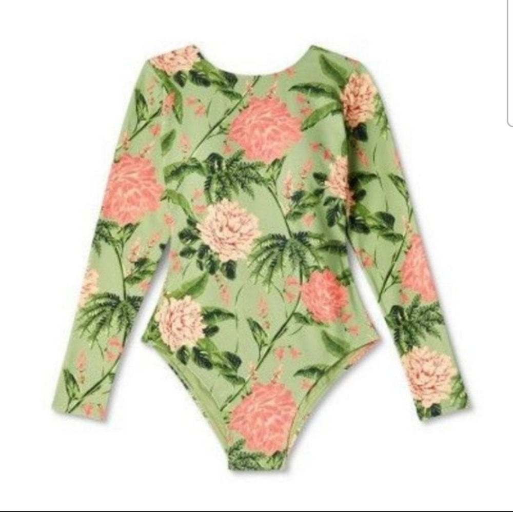 Agua Bendita Target Green, Pink Peony Print Long Sleeve Swim Suit